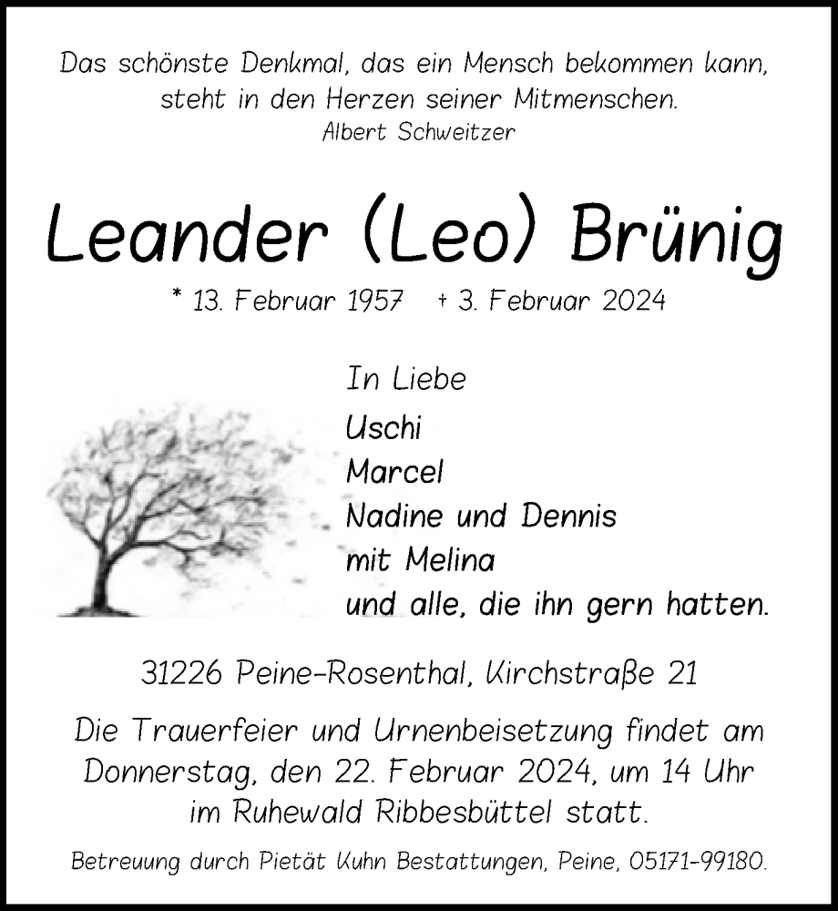  Traueranzeige für Leander Brünig vom 12.02.2024 aus Peiner Allgemeine Zeitung