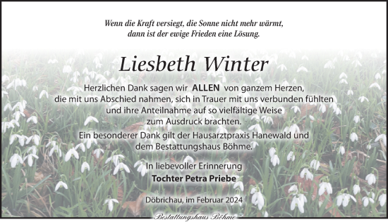 Traueranzeige von Liesbeth Winter von Torgauer Zeitung