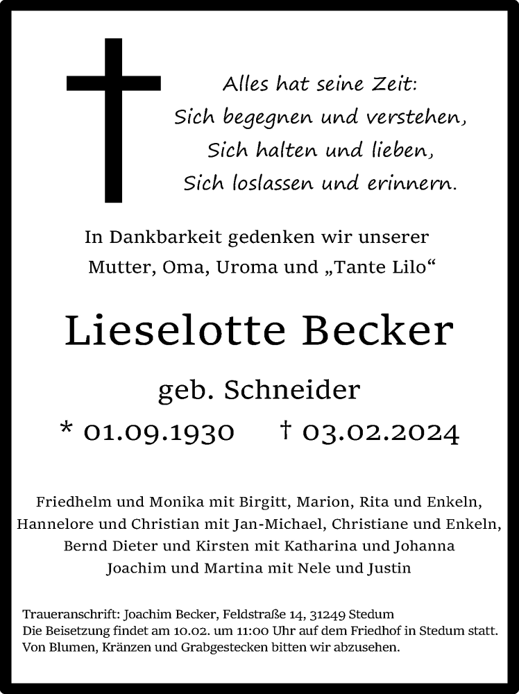  Traueranzeige für Lieselotte Becker vom 07.02.2024 aus Peiner Allgemeine Zeitung
