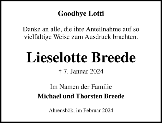 Traueranzeige von Lieselotte  Breede von Lübecker Nachrichten