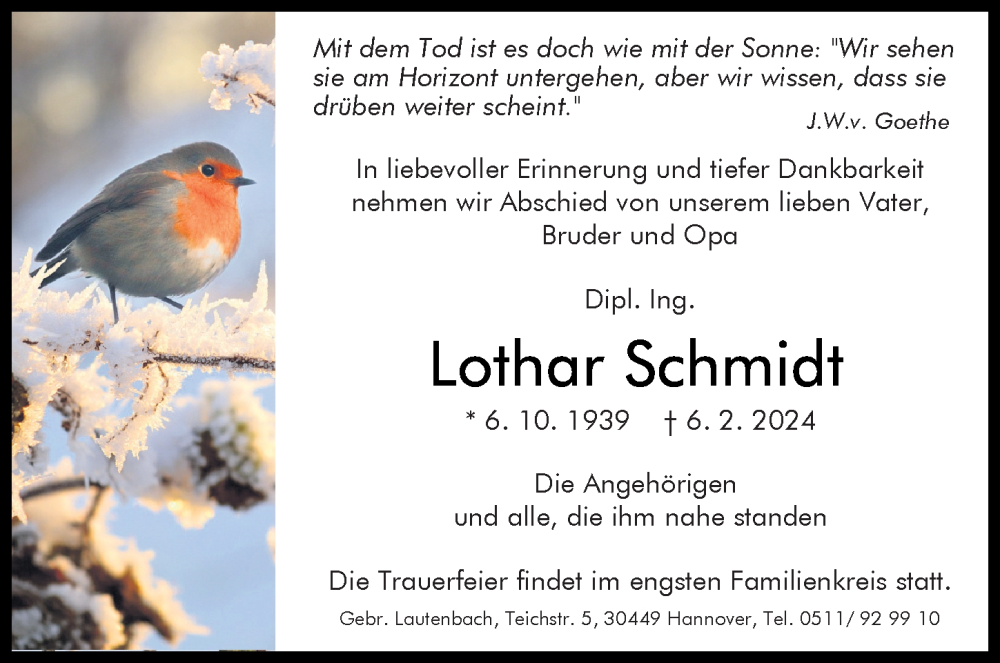  Traueranzeige für Lothar Schmidt vom 10.02.2024 aus Hannoversche Allgemeine Zeitung/Neue Presse