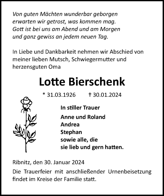 Traueranzeige von Lotte Bierschenk von Ostsee-Zeitung GmbH