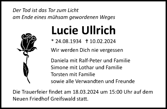 Traueranzeige von Lucie Ullrich von Ostsee-Zeitung GmbH