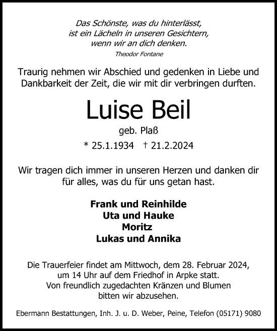 Traueranzeige von Luise Beil von Hannoversche Allgemeine Zeitung/Neue Presse