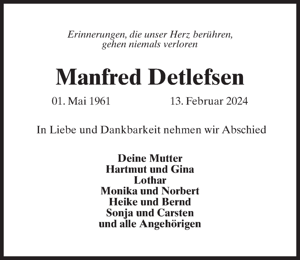  Traueranzeige für Manfred Detlefsen vom 17.02.2024 aus Kieler Nachrichten