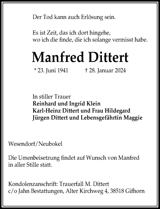 Traueranzeige von Manfred Dittert von Aller Zeitung