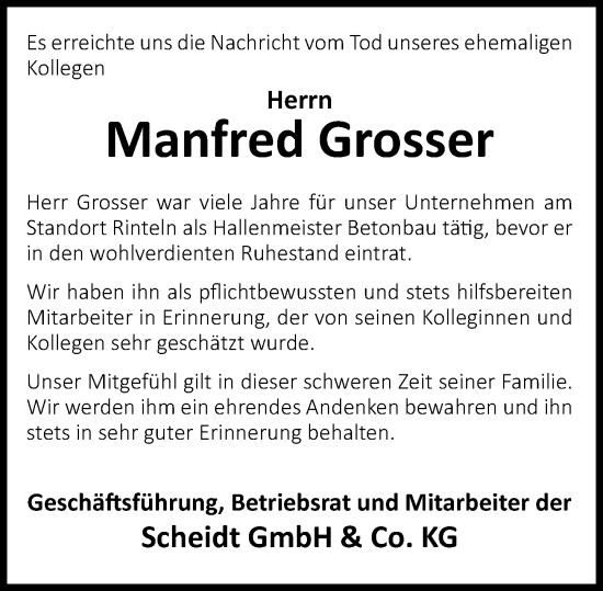 Traueranzeige von Manfred Grosser von Schaumburger Zeitung/ Landes-Zeitung