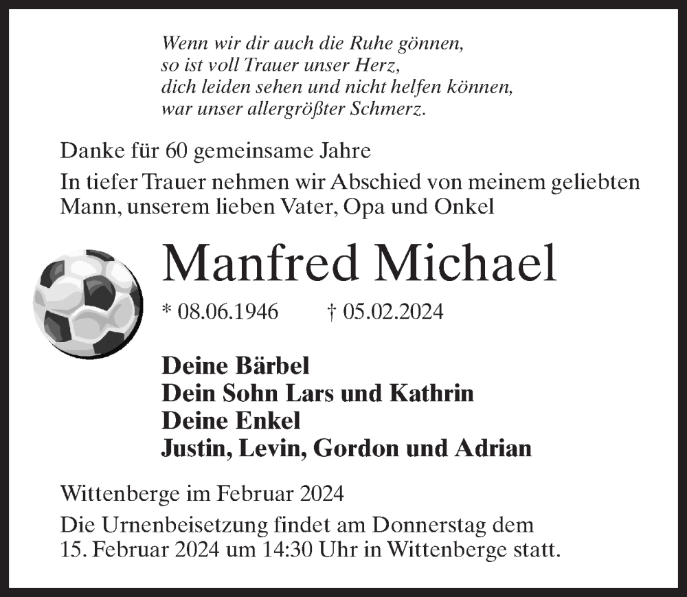  Traueranzeige für Manfred Michael vom 10.02.2024 aus Wochenspiegel