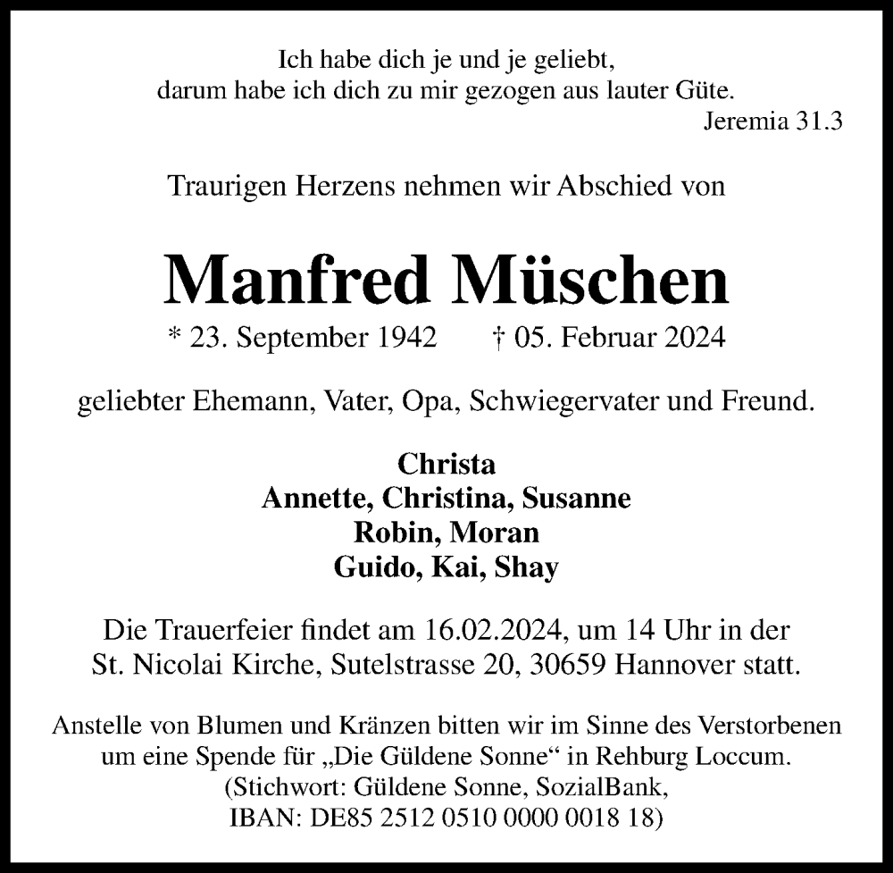  Traueranzeige für Manfred Müschen vom 10.02.2024 aus Hannoversche Allgemeine Zeitung/Neue Presse