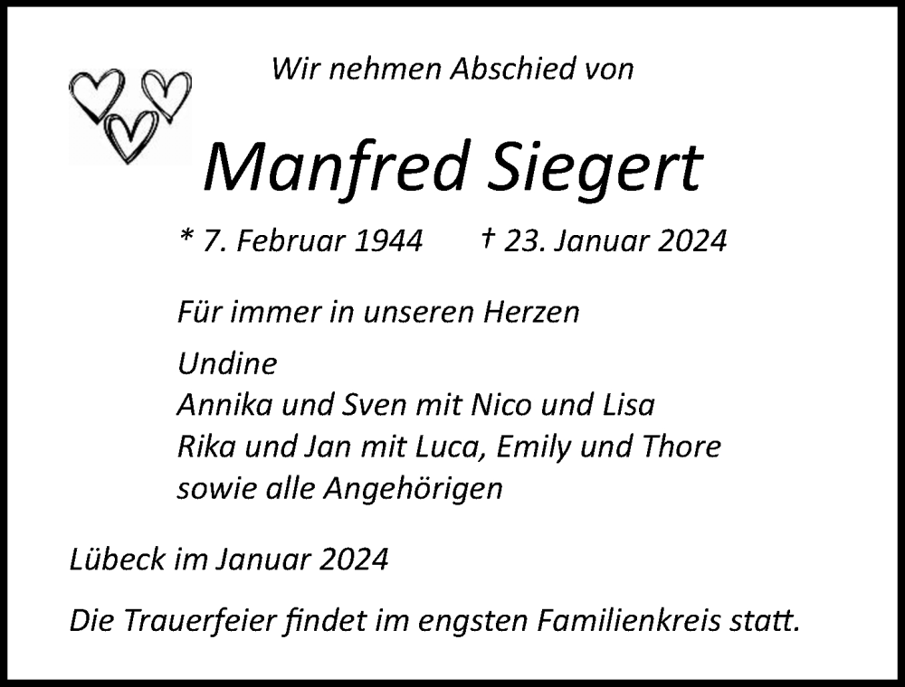  Traueranzeige für Manfred Siegert vom 04.02.2024 aus Lübecker Nachrichten
