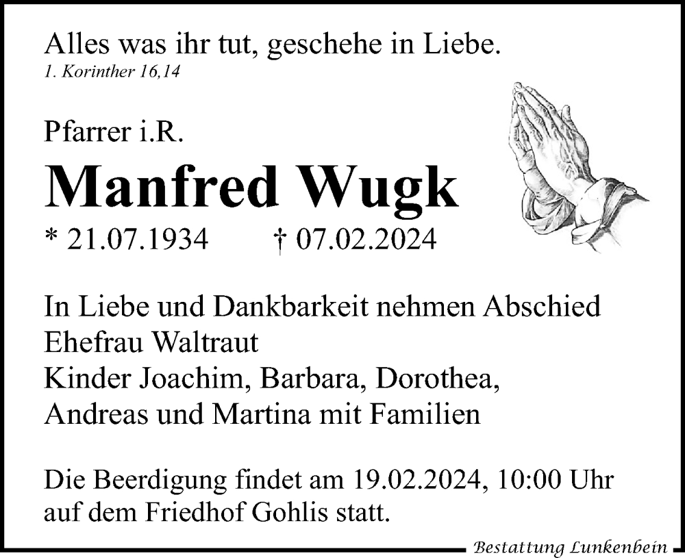  Traueranzeige für Manfred Wugk vom 10.02.2024 aus Leipziger Volkszeitung