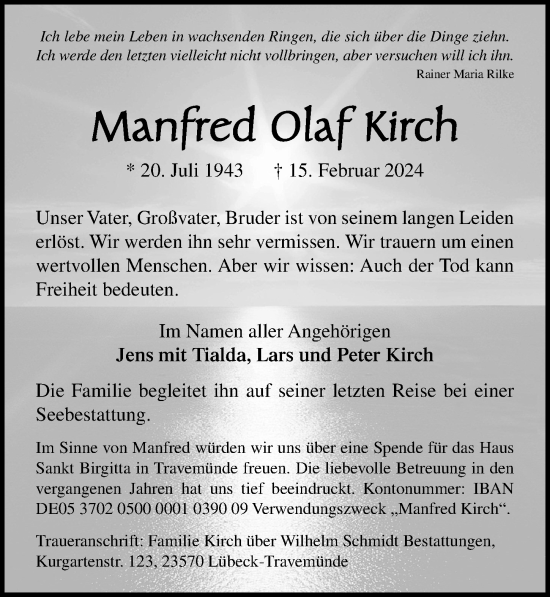 Traueranzeige von Manfred Olaf Kirch von Lübecker Nachrichten