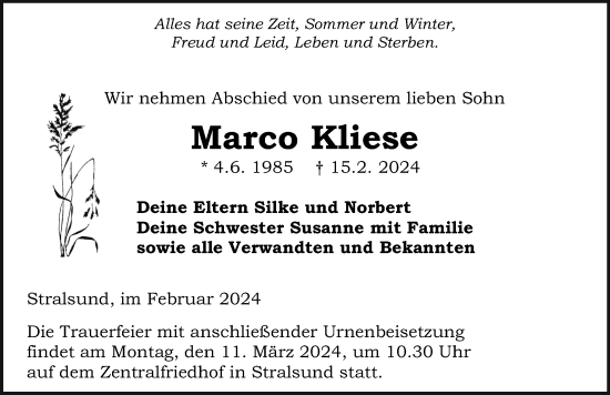 Traueranzeige von Marco Kliese von Ostsee-Zeitung GmbH