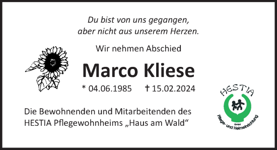 Traueranzeige von Marco Kliese von Ostsee-Zeitung GmbH