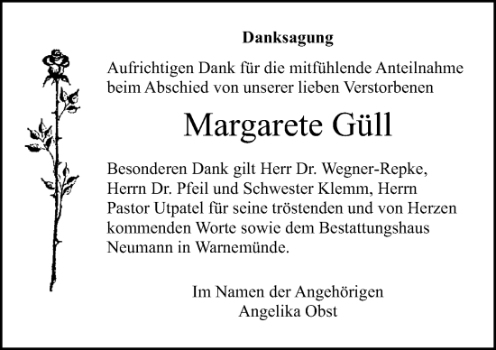Traueranzeige von Margarete Güll von Ostsee-Zeitung GmbH