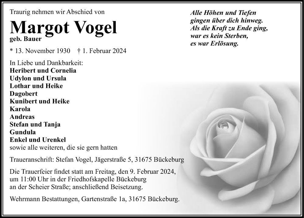  Traueranzeige für Margot Vogel vom 06.02.2024 aus Schaumburger Nachrichten