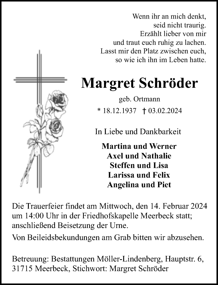  Traueranzeige für Margret Schröder vom 10.02.2024 aus Schaumburger Nachrichten