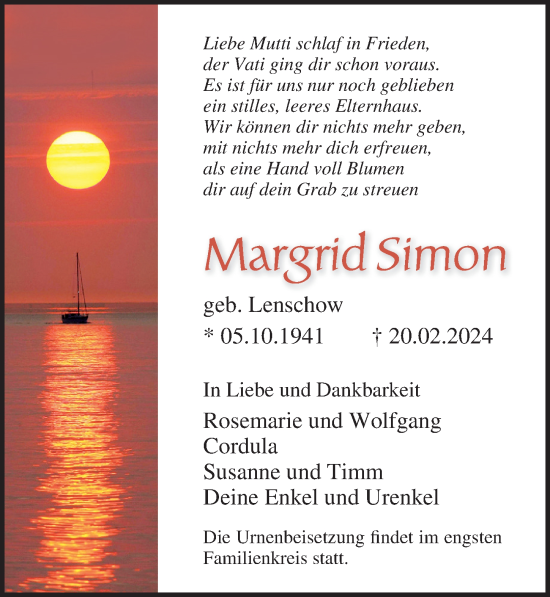 Traueranzeige von Margrid Simon von Ostsee-Zeitung GmbH