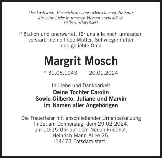 Traueranzeige von Margrit Mosch von Märkischen Allgemeine Zeitung