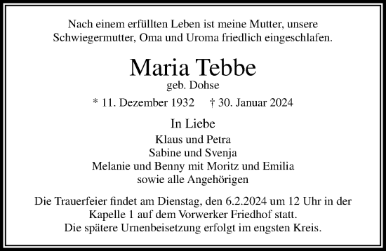 Traueranzeige von Maria Tebbe von Lübecker Nachrichten
