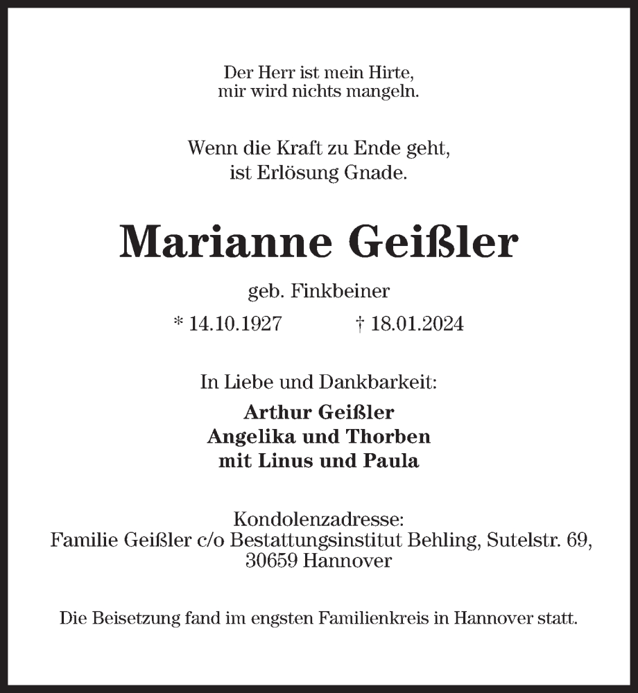 Traueranzeigen von Marianne Geißler | trauer-anzeigen.de