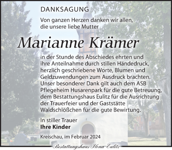 Traueranzeige von Marianne Krämer von Torgauer Zeitung