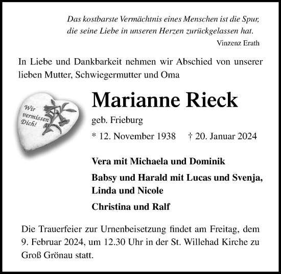 Traueranzeige von Marianne Rieck von Lübecker Nachrichten