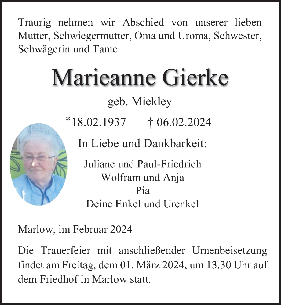  Traueranzeige für Marieanne Gierke vom 24.02.2024 aus Ostsee-Zeitung GmbH