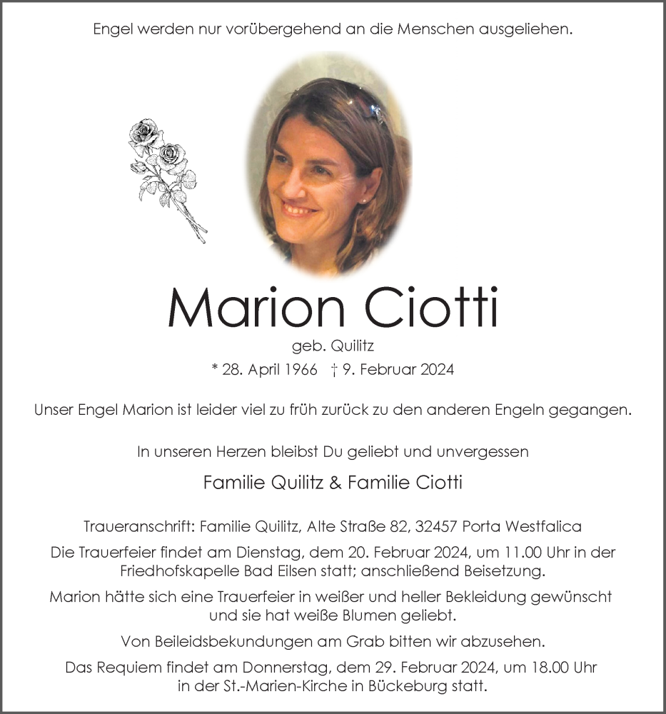  Traueranzeige für Marion Ciotti vom 17.02.2024 aus Schaumburger Nachrichten