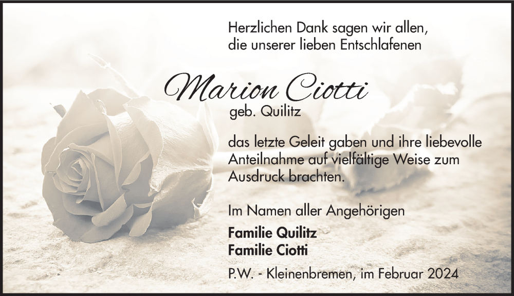 Traueranzeige für Marion Ciotti vom 24.02.2024 aus Schaumburger Nachrichten und Schaumburger Zeitung/ Landes-Zeitung