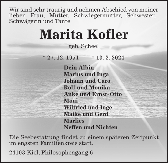 Traueranzeige von Marita Kofler von Kieler Nachrichten