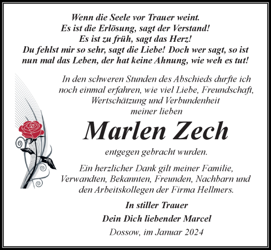 Traueranzeige von Marlen Zech von Wochenspiegel