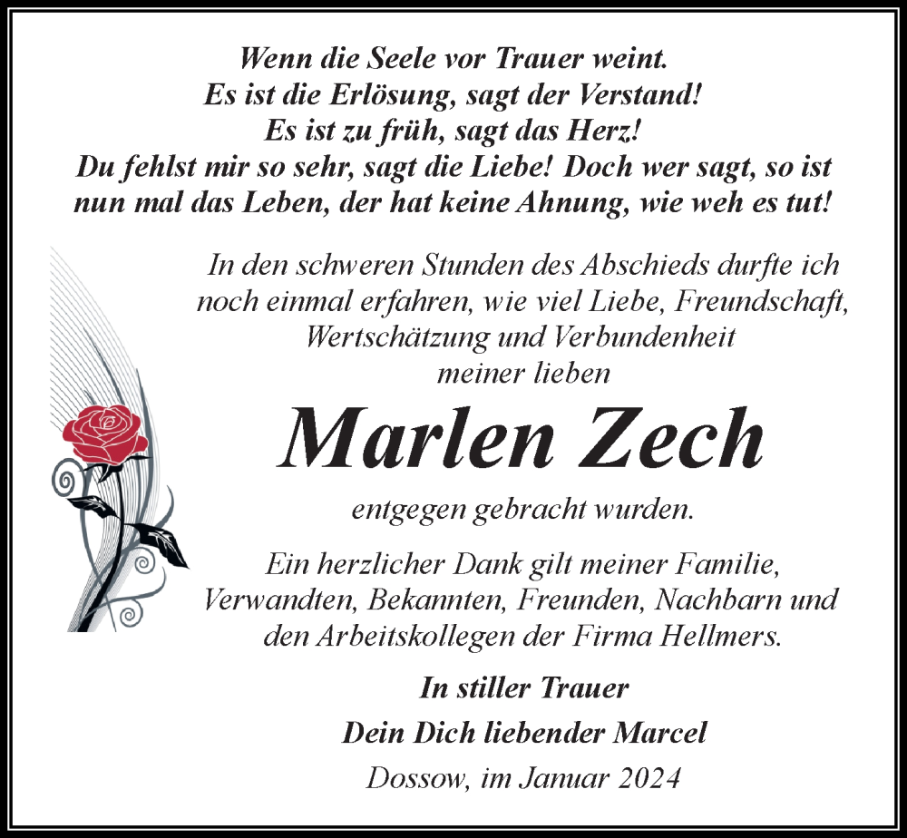  Traueranzeige für Marlen Zech vom 03.02.2024 aus Wochenspiegel