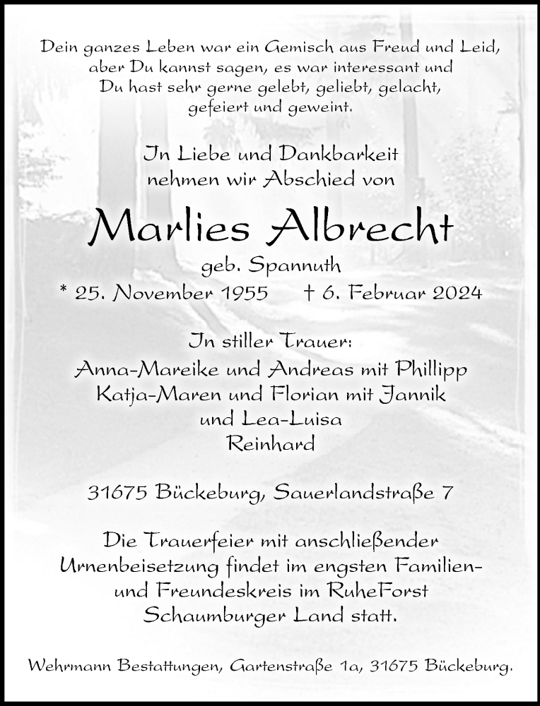  Traueranzeige für Marlies Albrecht vom 10.02.2024 aus Schaumburger Nachrichten