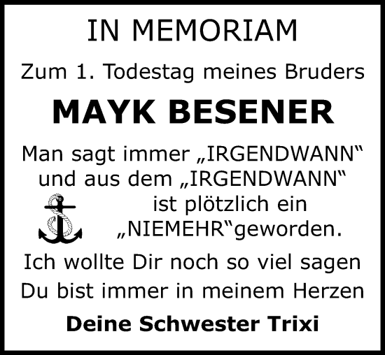 Traueranzeige von Mayk Besener von Ostsee-Zeitung GmbH