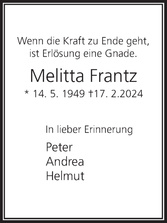 Traueranzeige von Melitta Frantz von Kieler Nachrichten