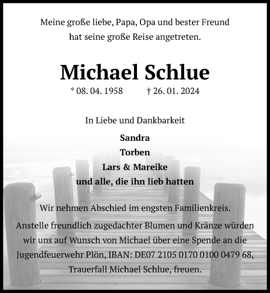 Traueranzeige von Michael Schlue von Kieler Nachrichten