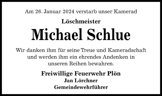 Traueranzeige von Michael Schlue von Kieler Nachrichten