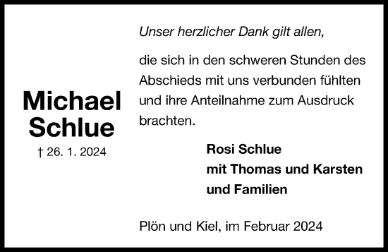 Traueranzeige von Michael Schlue von Kieler Nachrichten