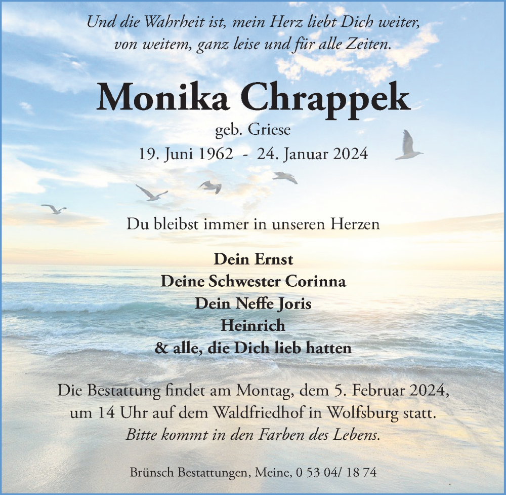  Traueranzeige für Monika Chrappek vom 03.02.2024 aus Aller Zeitung