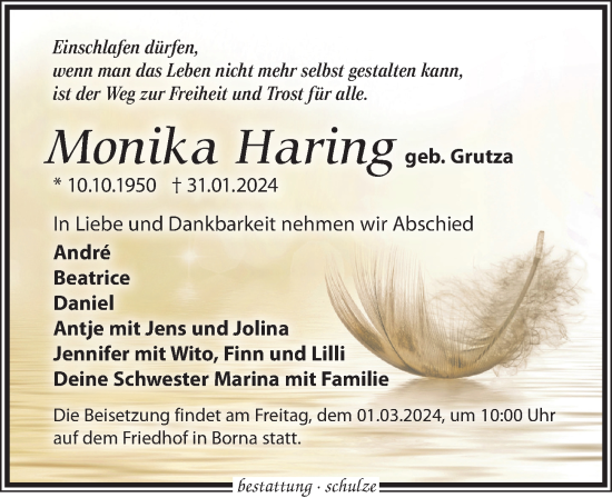 Traueranzeige von Monika Haring von Leipziger Volkszeitung