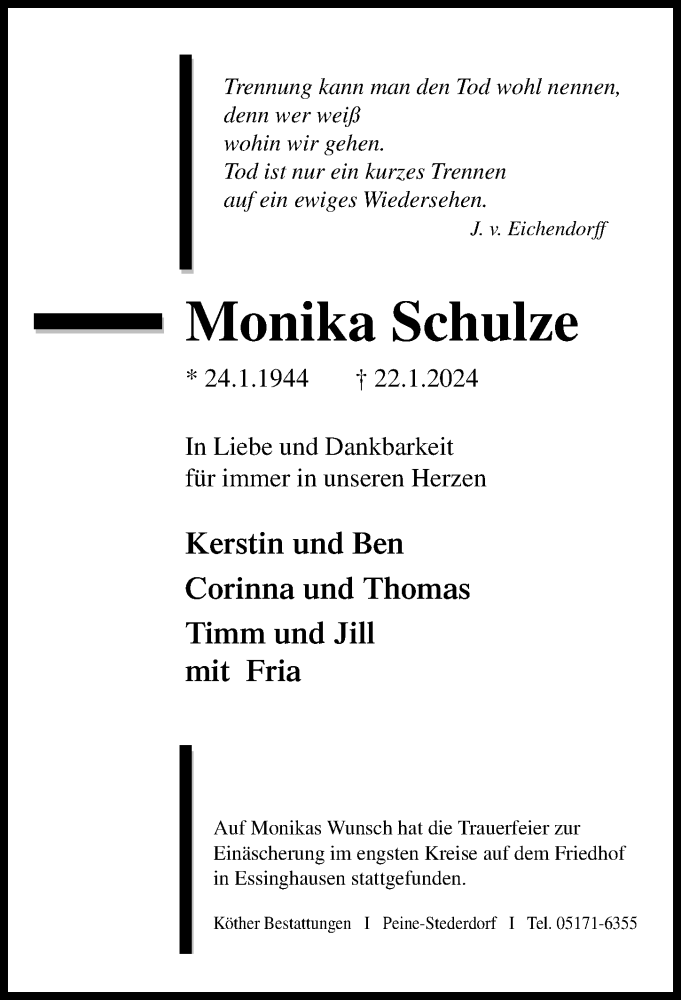  Traueranzeige für Monika Schulze vom 03.02.2024 aus Peiner Allgemeine Zeitung