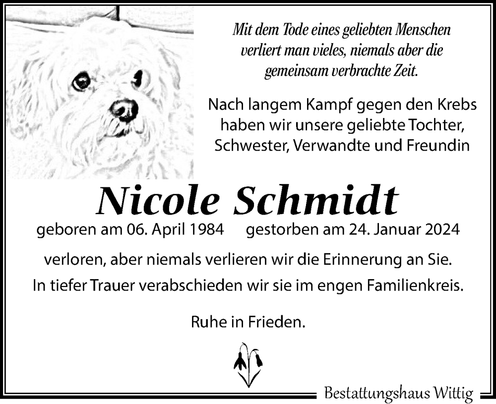  Traueranzeige für Nicole Schmidt vom 03.02.2024 aus Leipziger Volkszeitung