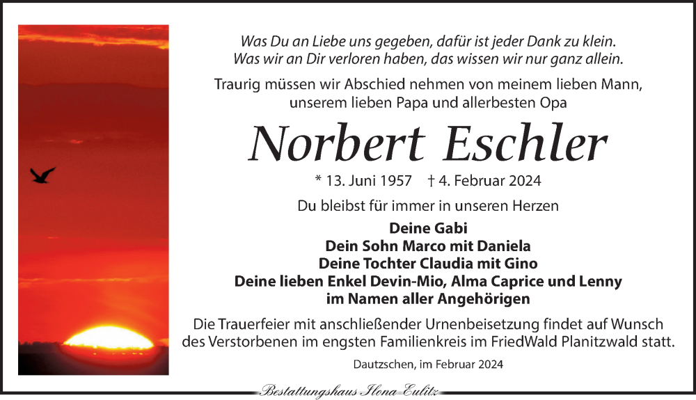 Traueranzeige für Norbert Eschler vom 10.02.2024 aus Torgauer Zeitung