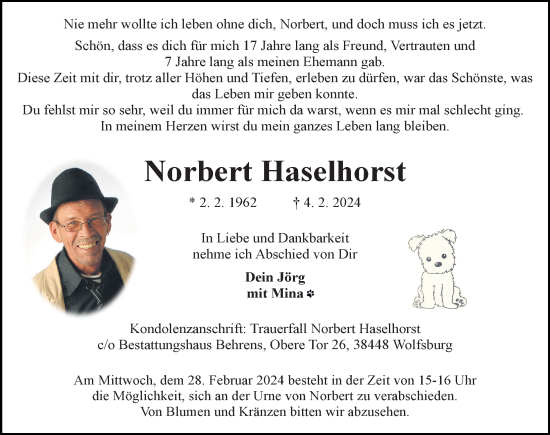 Traueranzeige von Norbert Haselhorst von Aller Zeitung