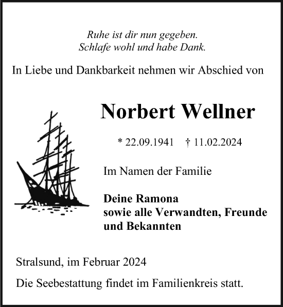 Traueranzeige von Norbert Wellner von Ostsee-Zeitung GmbH