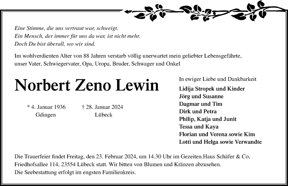  Traueranzeige für Norbert Zeno Lewin vom 18.02.2024 aus Lübecker Nachrichten