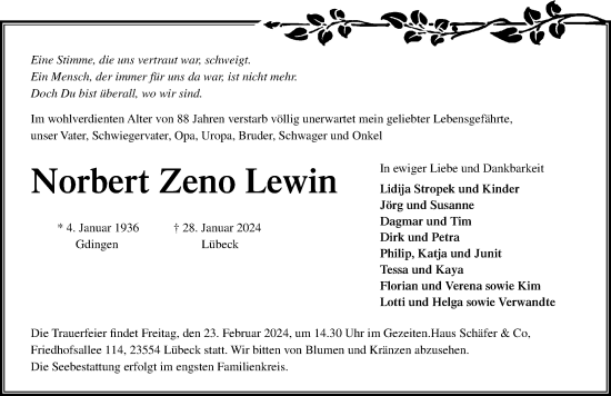 Traueranzeige von Norbert Zeno Lewin von Lübecker Nachrichten