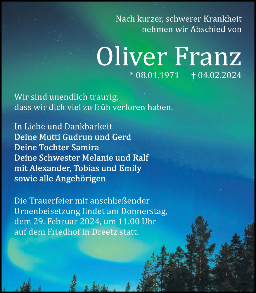  Traueranzeige für Oliver Franz vom 10.02.2024 aus Märkischen Allgemeine Zeitung