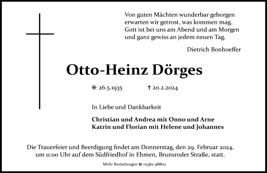 Traueranzeige von Otto-Heinz Dörges von Aller Zeitung